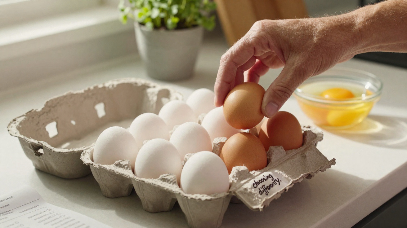 Mão a pegar ovo castanho numa embalagem com ovos brancos e castanhos na cozinha, com um recipiente de ovos partidos ao fundo.