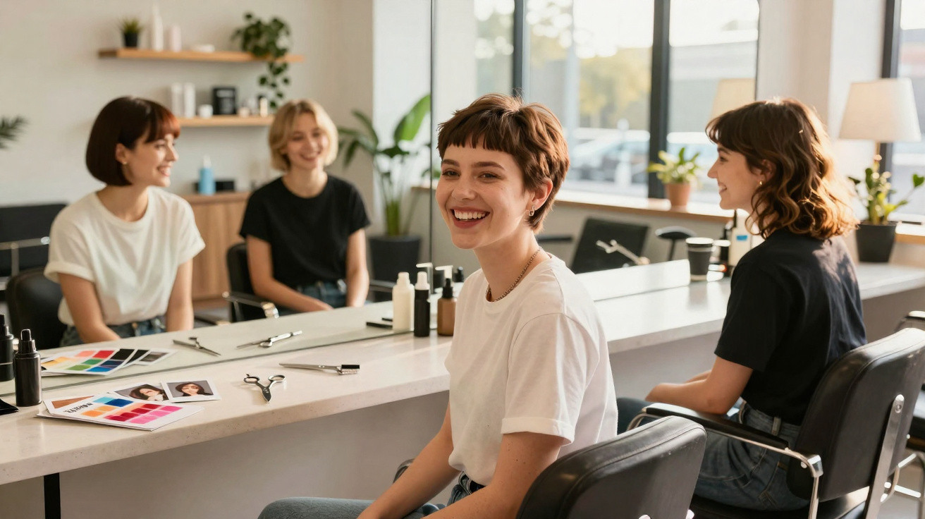 Duas mulheres sentadas em cadeiras num salão de cabeleireiro com espelho grande e materiais de beleza.