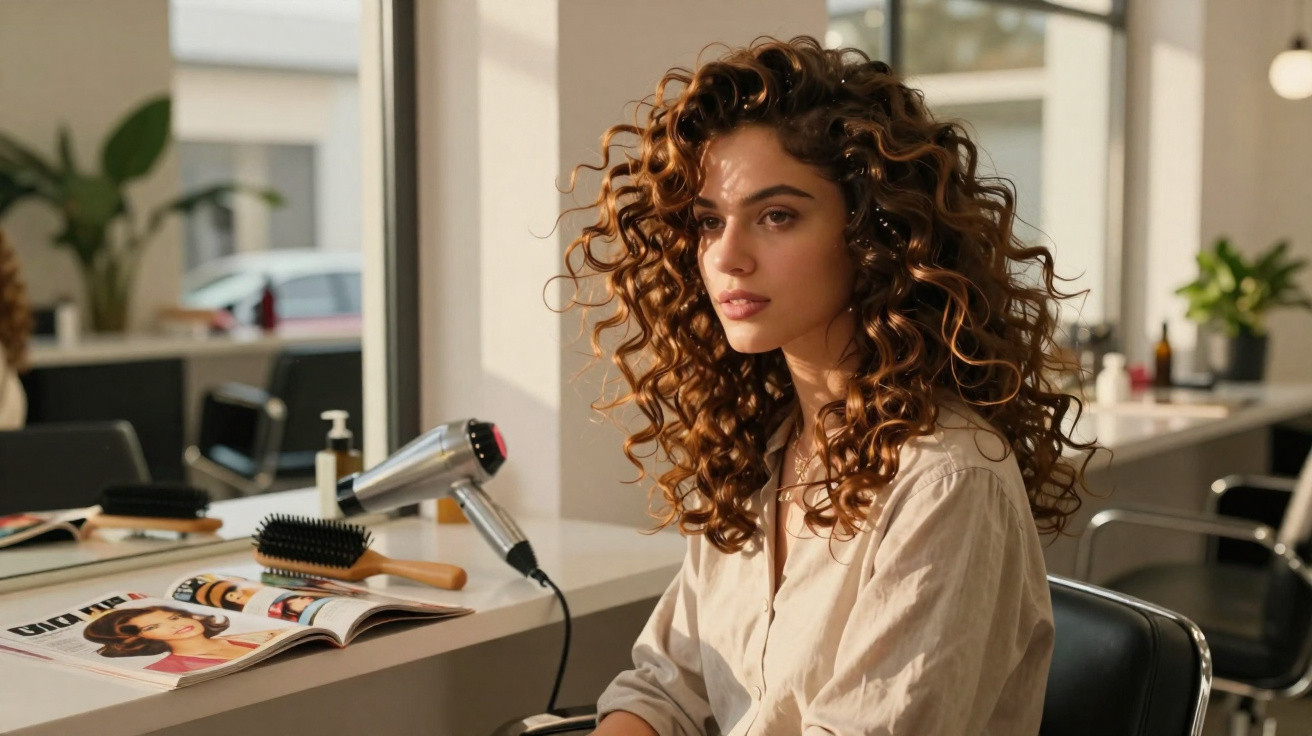 Mulher com cabelo encaracolado sentado numa cadeira de cabeleireiro junto a secador e revistas.