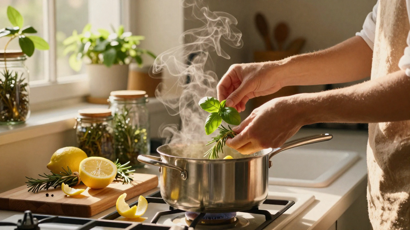 Pessoa a cozinhar com ervas frescas e limão numa panela a ferver no fogão a gás.