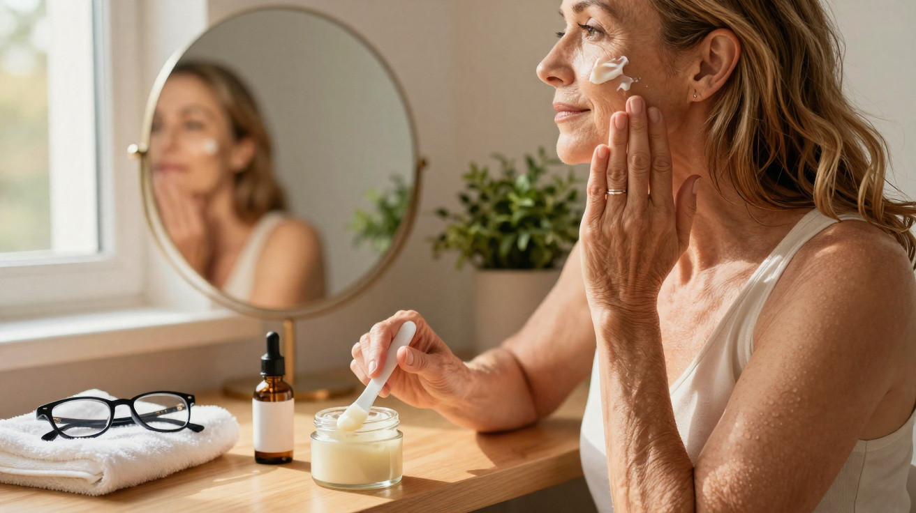 Mulher madura a aplicar creme facial junto a espelho numa mesa com óculos, toalha e sérum.