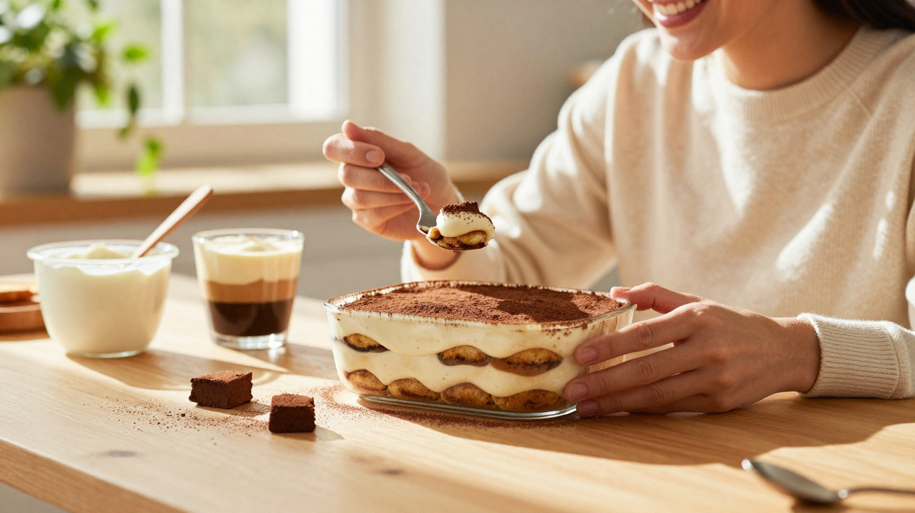 Pessoa a saborear tiramisu num recipiente de vidro com café e chocolate numa mesa de madeira.