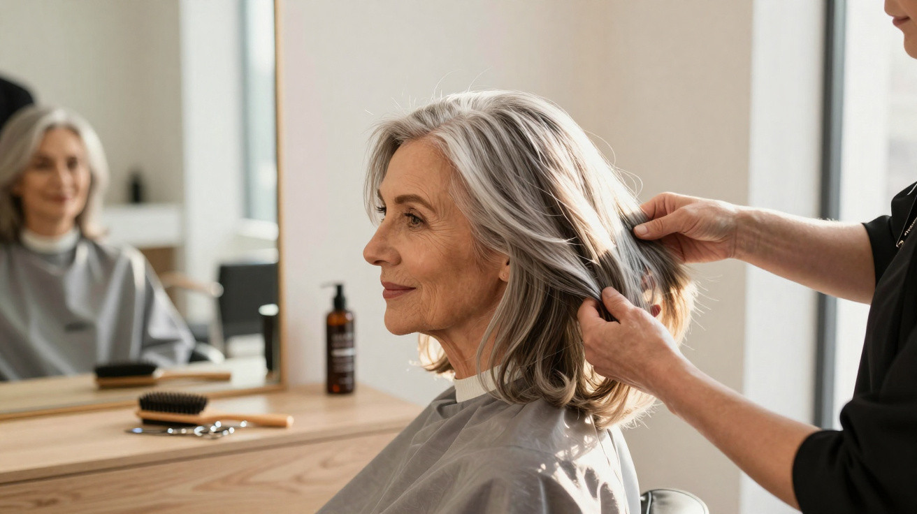 Mulher idosa com cabelo grisalho sentada num cabeleireiro a ser penteada pelo profissional.