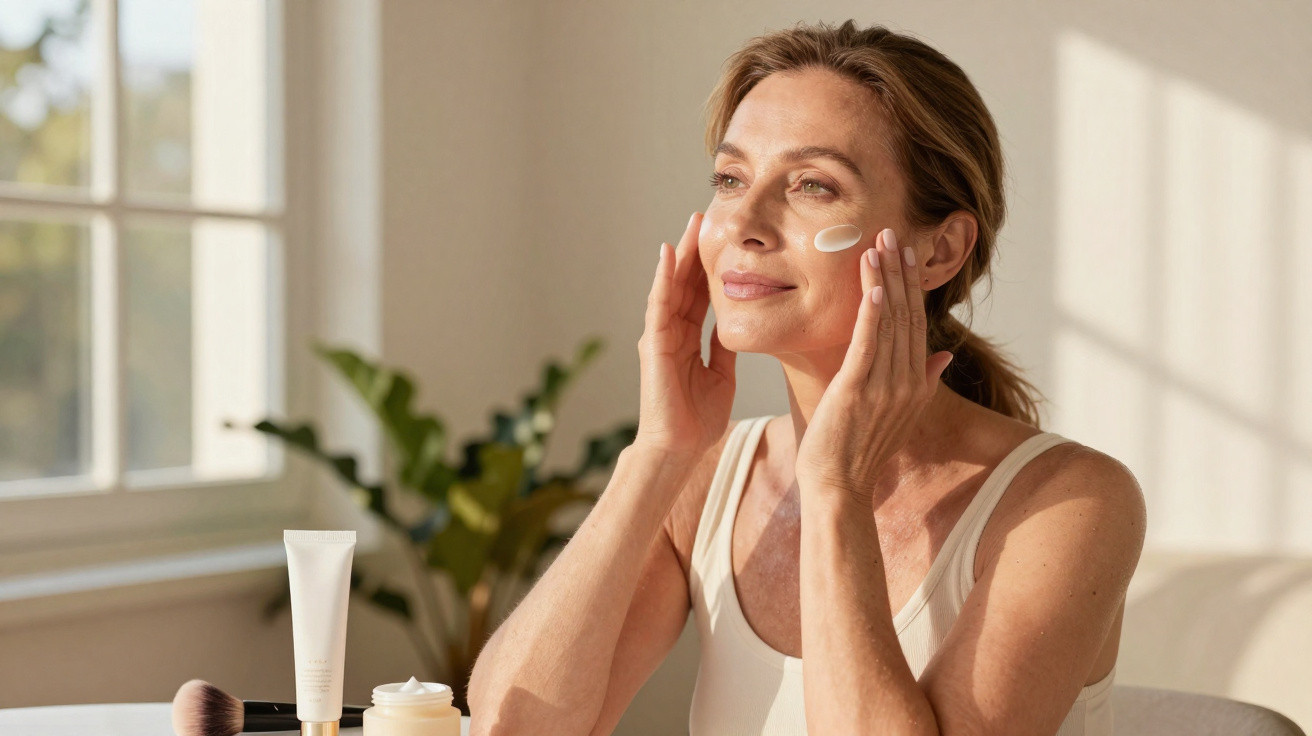 Mulher a aplicar creme facial junto a janela num ambiente luminoso e tranquilo.