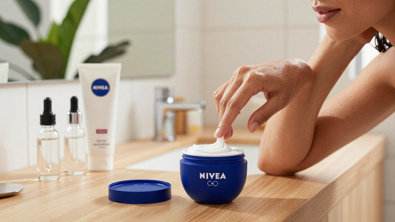 Pessoa a aplicar creme Nivea numa jarra azul num lavatório de casa de banho.