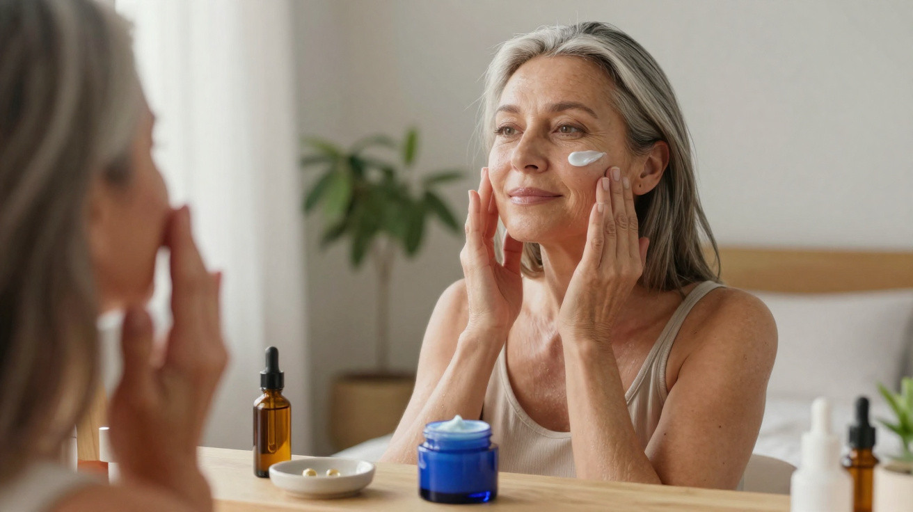 Mulher madura a aplicar creme facial, olhando-se ao espelho num ambiente acolhedor e iluminado.
