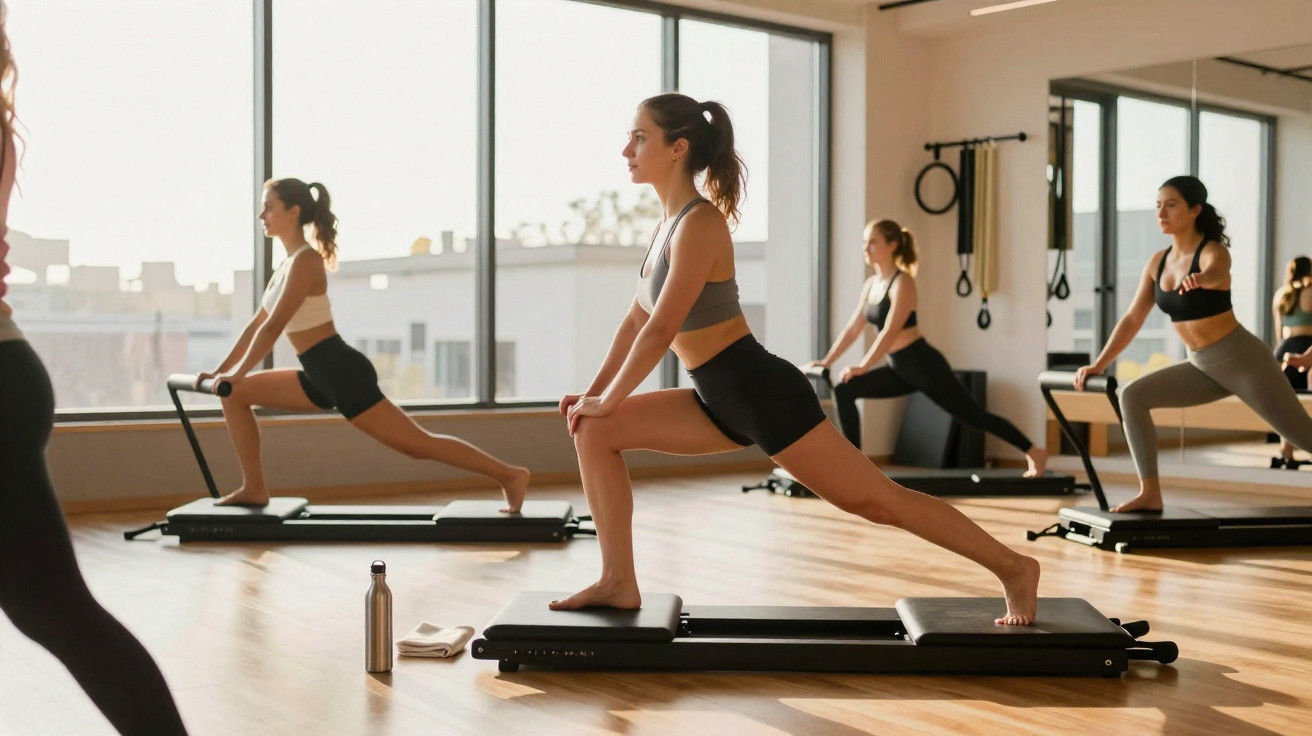 Mulheres a fazer alongamentos numa aula de pilates com equipamentos numa sala com janelas amplas.