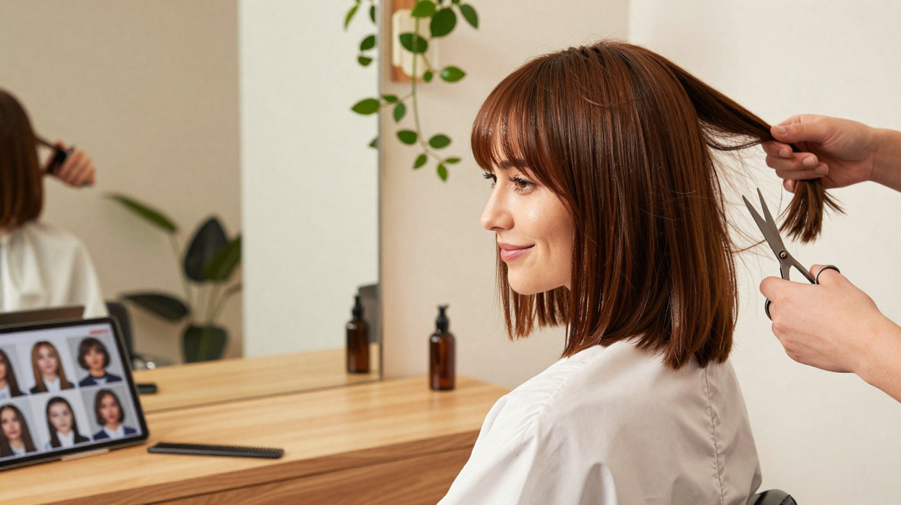 Mulher sorridente com cabelo castanho a ser cortado num salão de beleza, com tablet à frente.