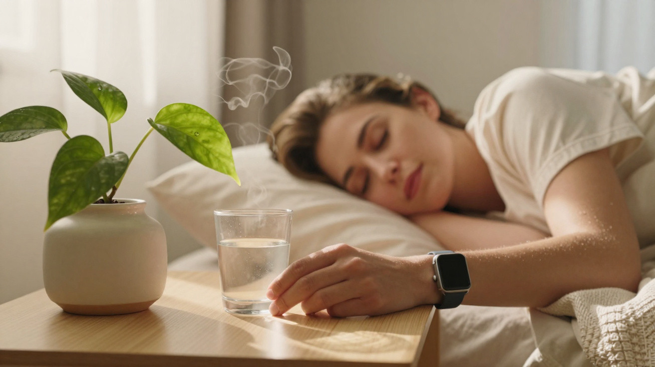 Mulher adormecida na cama ao lado de uma mesa com vaso de planta e copo de água a fumegar.