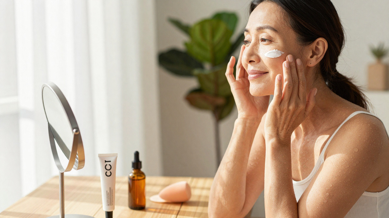 Mulher a aplicar creme facial sentada à mesa com espelho e produtos cosméticos ao lado em ambiente iluminado.