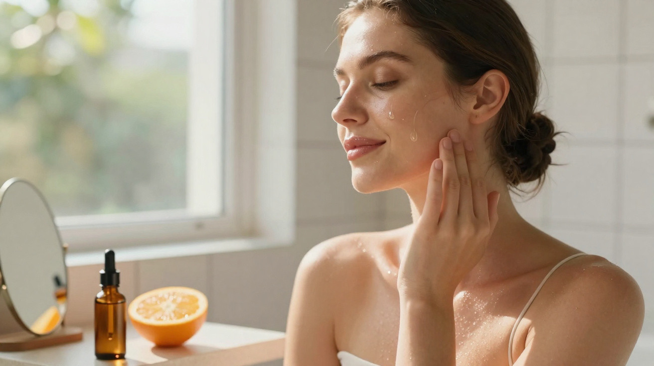 Mulher a aplicar sérum facial com gota na bochecha, numa casa de banho iluminada por luz natural.