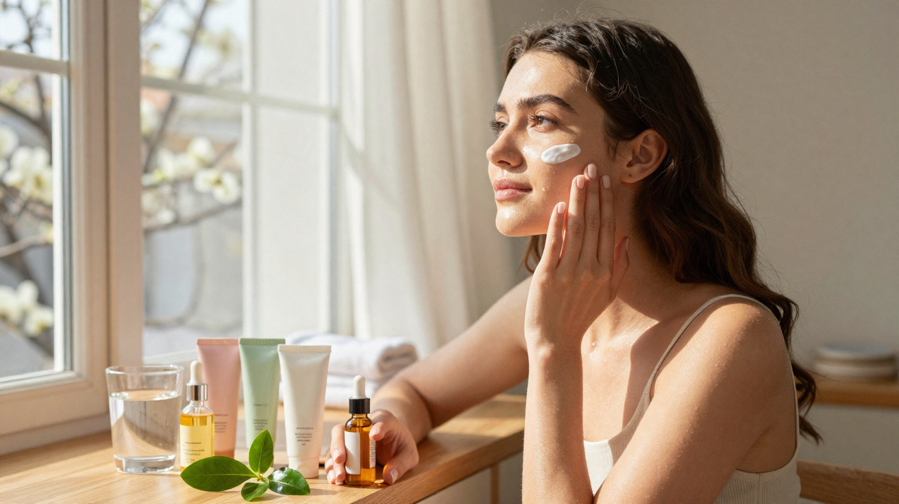 Mulher aplica creme facial junto a janelas com luz natural e produtos de cuidados de pele numa mesa.