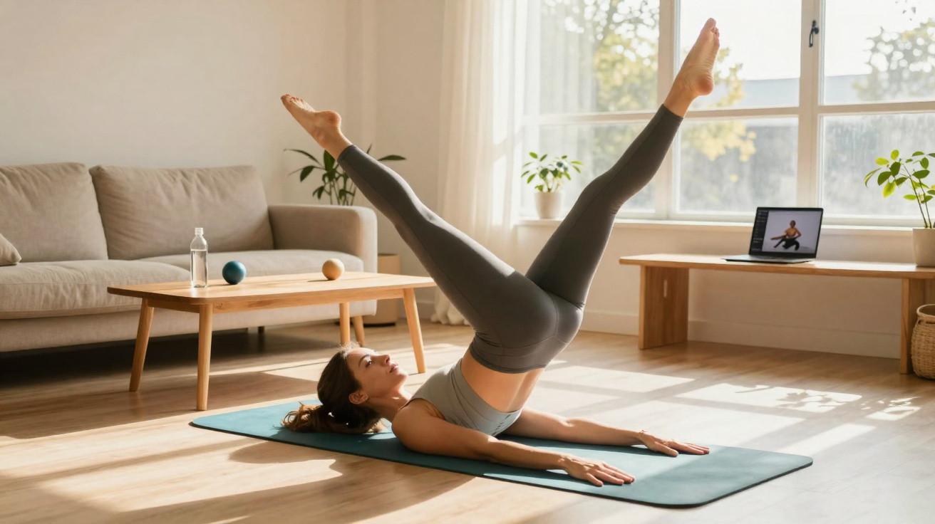 Mulher a fazer exercício de Pilates em tapete, com pernas elevadas em sala iluminada e confortável.