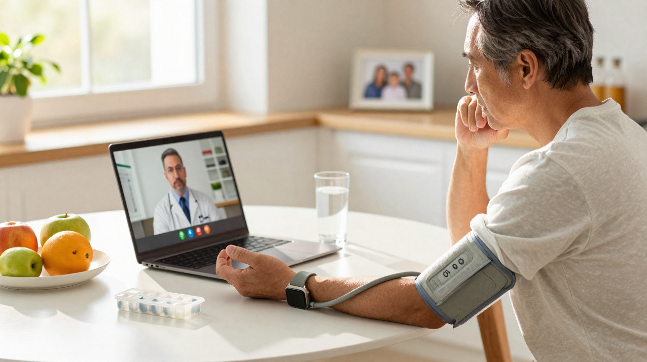 Homem a medir a pressão arterial em teleconsulta com médico no computador numa cozinha iluminada.