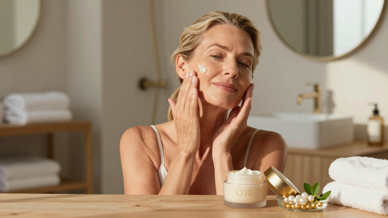 Mulher madura a aplicar creme facial num ambiente luminoso de casa de banho com toalhas brancas e espelhos redondos.