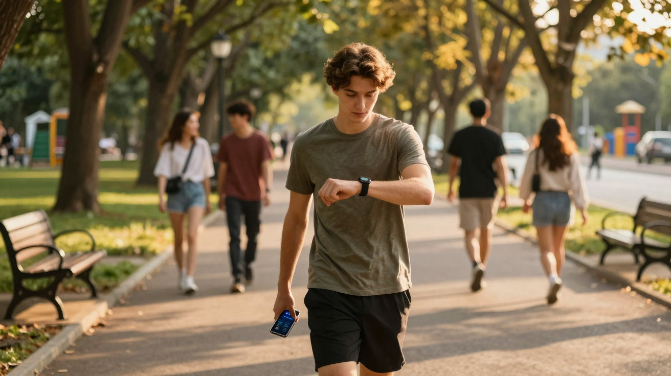 Jovem caminhando num parque ao entardecer, olhando para o relógio no pulso, com pessoas ao fundo.