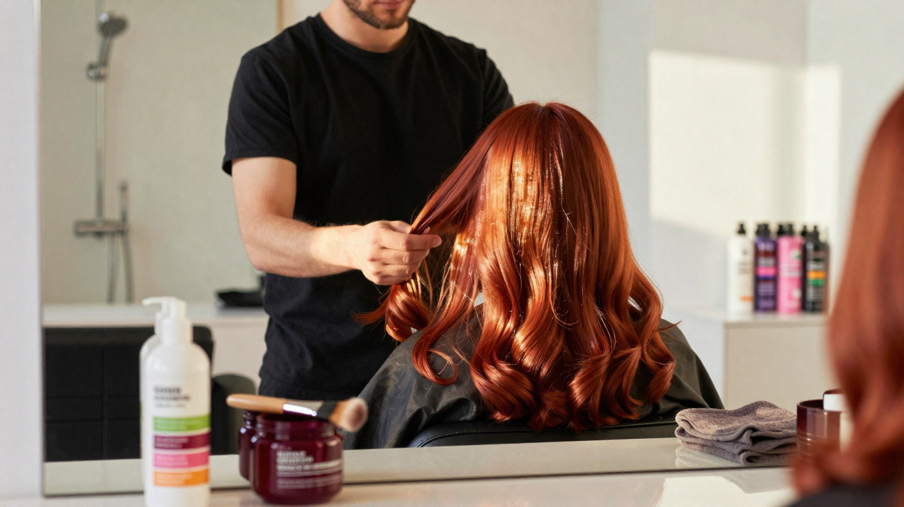 Homem a pentear cabelo ruivo ondulado de mulher sentada em cadeira de cabeleireiro com produtos em bancada.