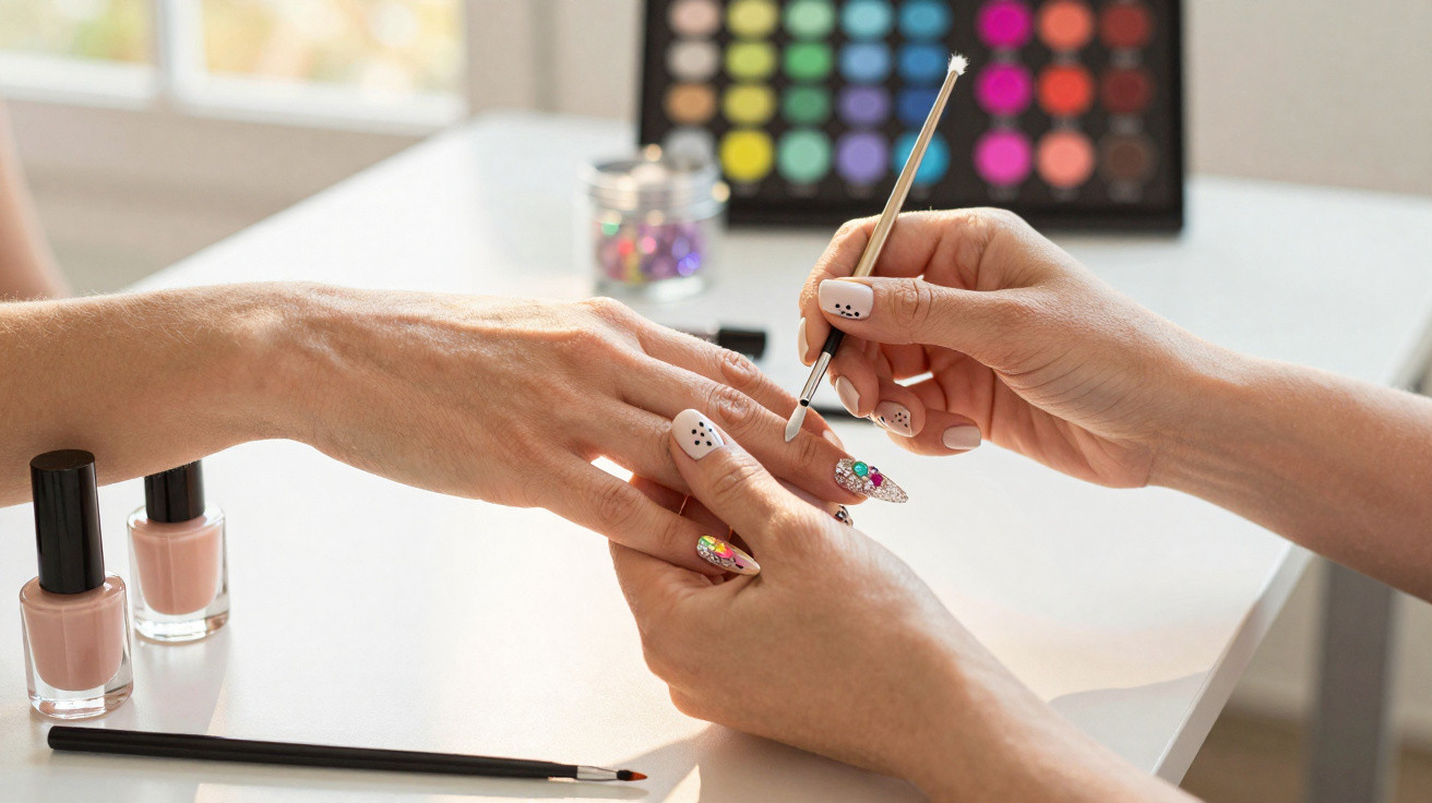 Mãos femininas com unhas decoradas, uma a pintar as unhas da outra com pincel e esmalte num salão.