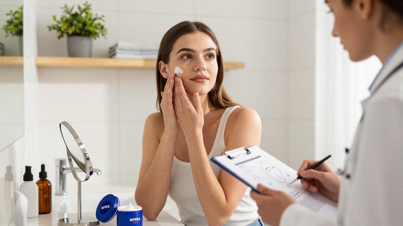 Mulher a aplicar creme facial Nivea no rosto, numa consulta dermatológica com médica a tomar notas.
