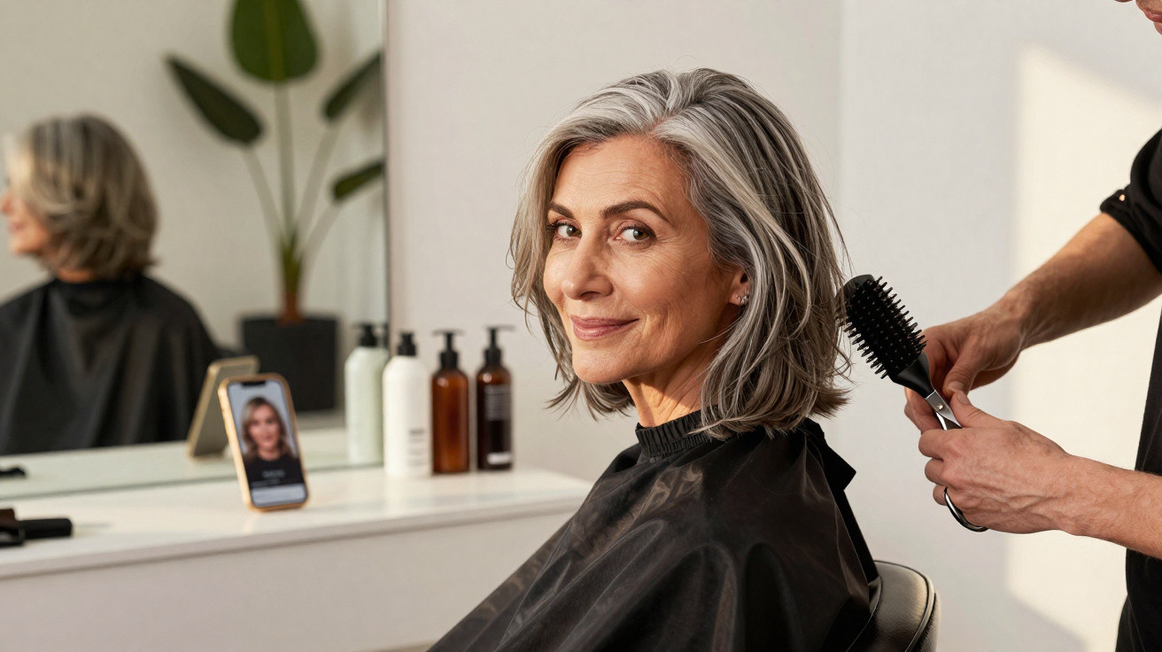 Mulher sénior com cabelo cinzento sorridente a receber styling num cabeleireiro moderno.