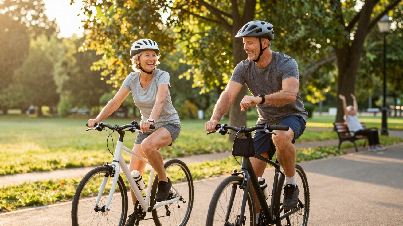 Casal sénior a andar de bicicleta num parque ensolarado, ambos com capacetes e sorridentes.