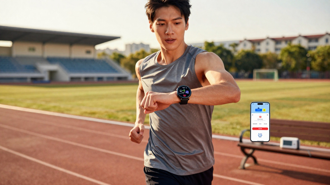 Homem a correr numa pista desportiva a olhar para o relógio inteligente no pulso, com aplicação de monitorização visível.