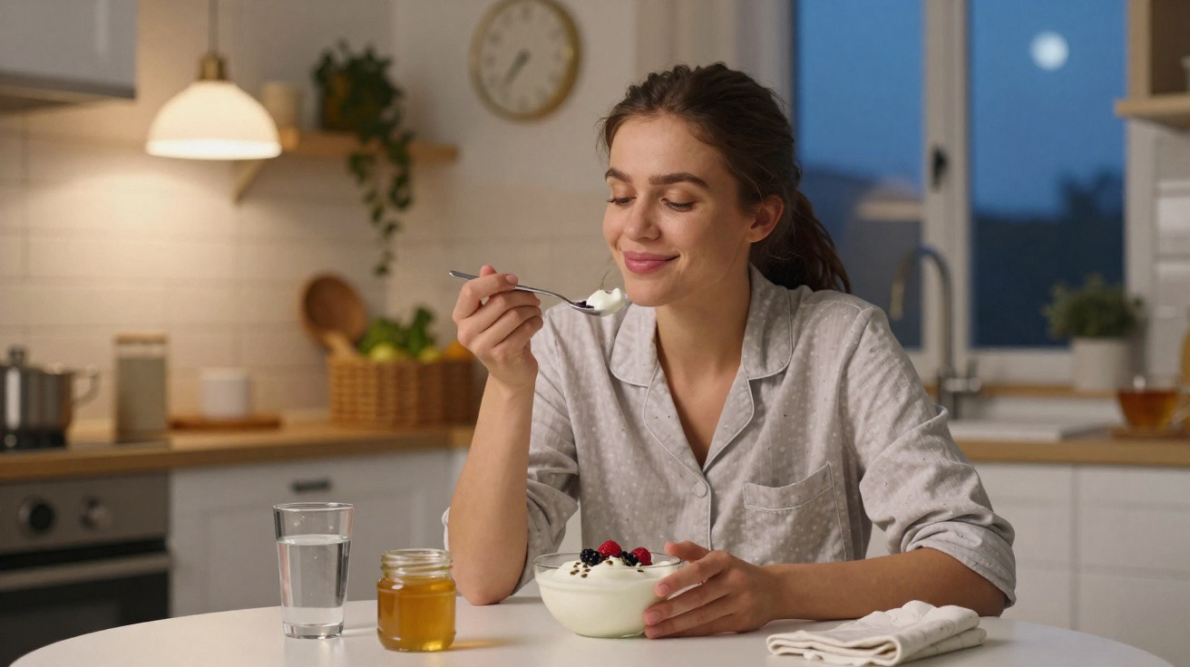 Mulher de pijama a comer iogurte com frutos vermelhos à noite numa cozinha moderna.