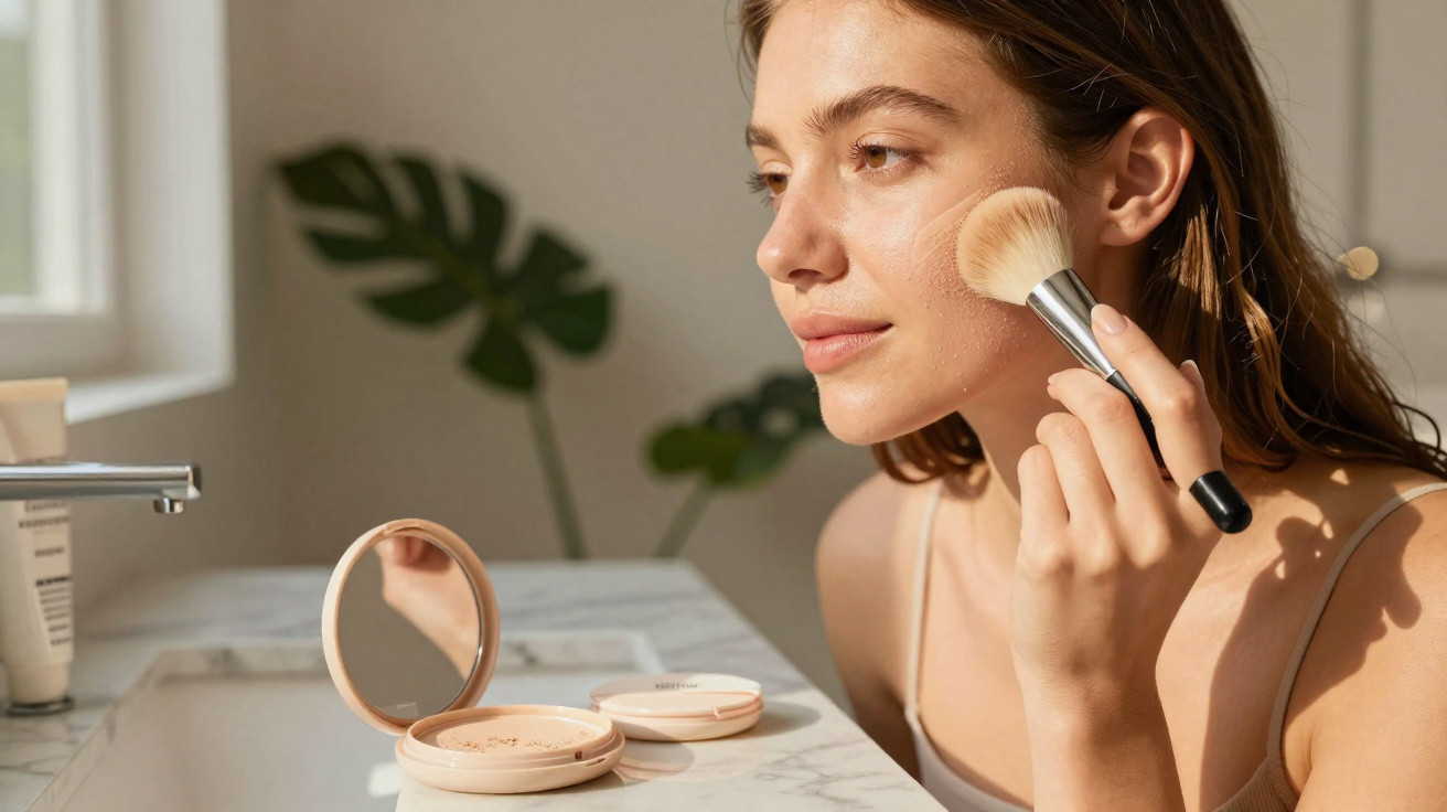 Mulher a aplicar maquilhagem com pincel num rosto luminoso, junto a um espelho e produtos cosméticos.