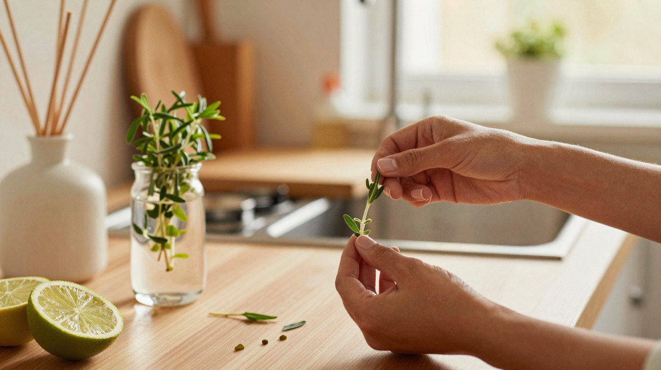 Mãos a manusear raminho de erva aromática numa cozinha com limão cortado e vaso com plantas ao fundo.