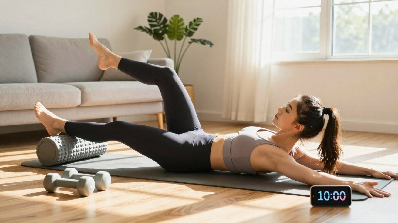 Mulher a fazer exercícios no chão de casa com tapete, halteres e rolo de espuma à sua frente.
