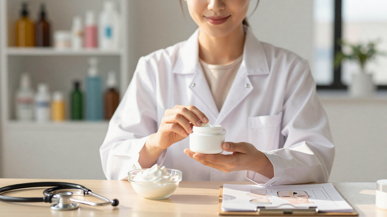 Mulher com bata branca a pegar creme num frasco, com estetoscópio e amostras de pele numa mesa à frente.