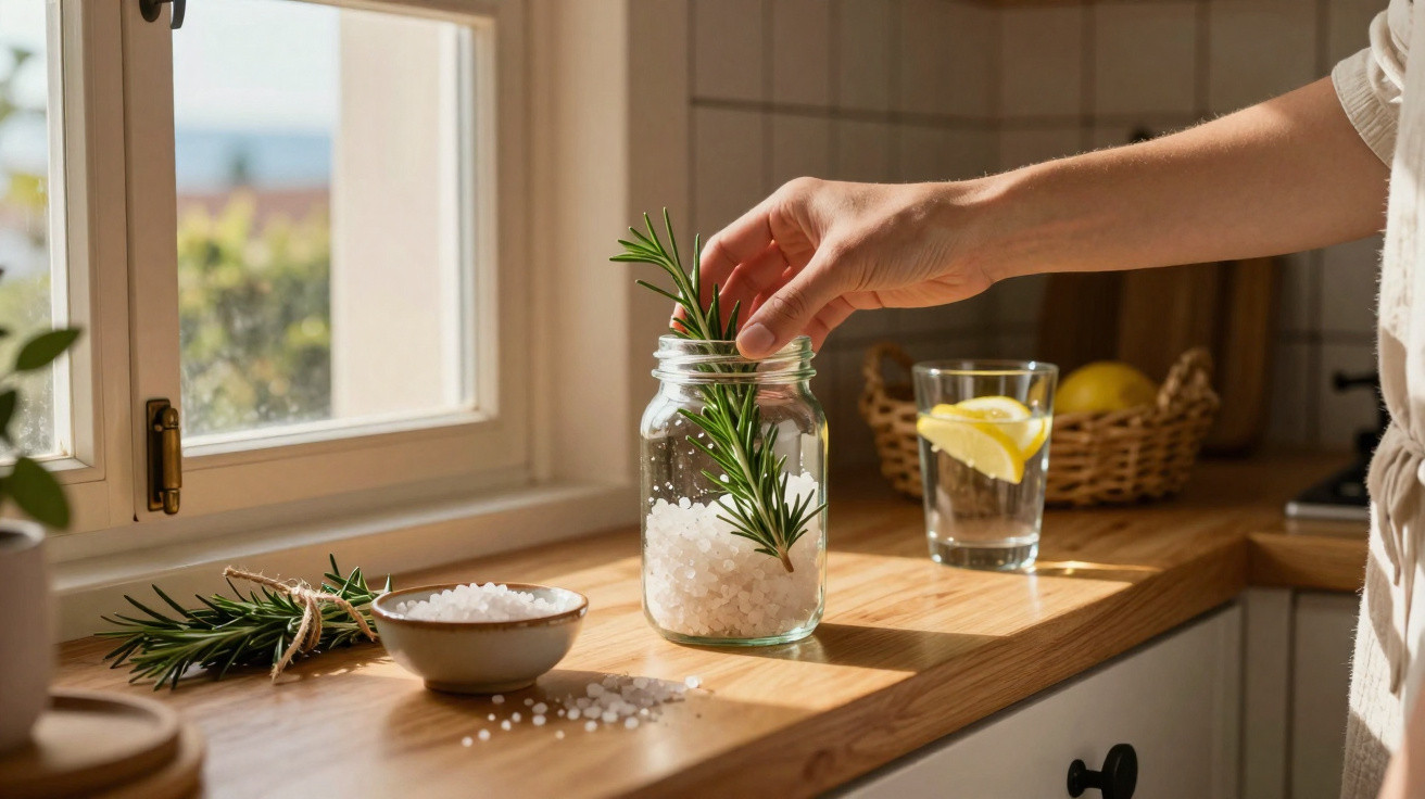Mão a colocar raminho de alecrim num frasco com sal grosso numa cozinha com luz natural.
