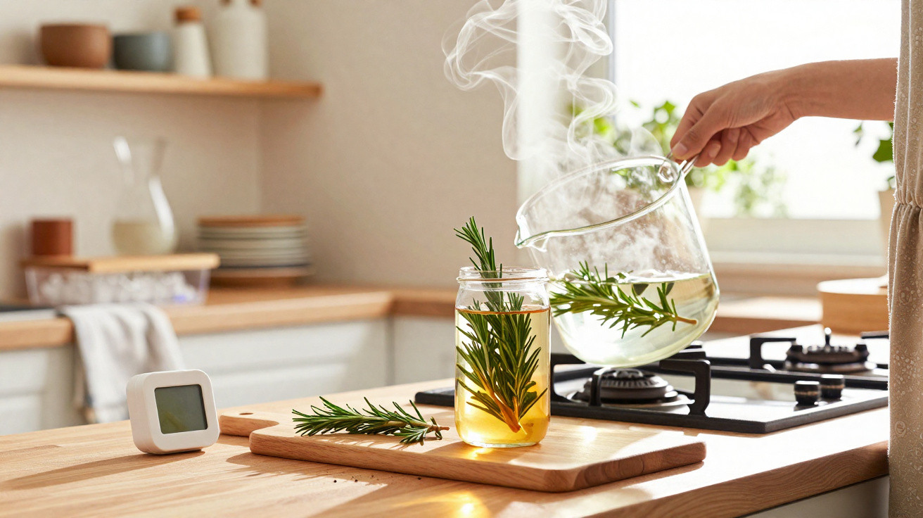 Mão a verter água quente num jarro com raminhos de alecrim numa cozinha luminosa e moderna.