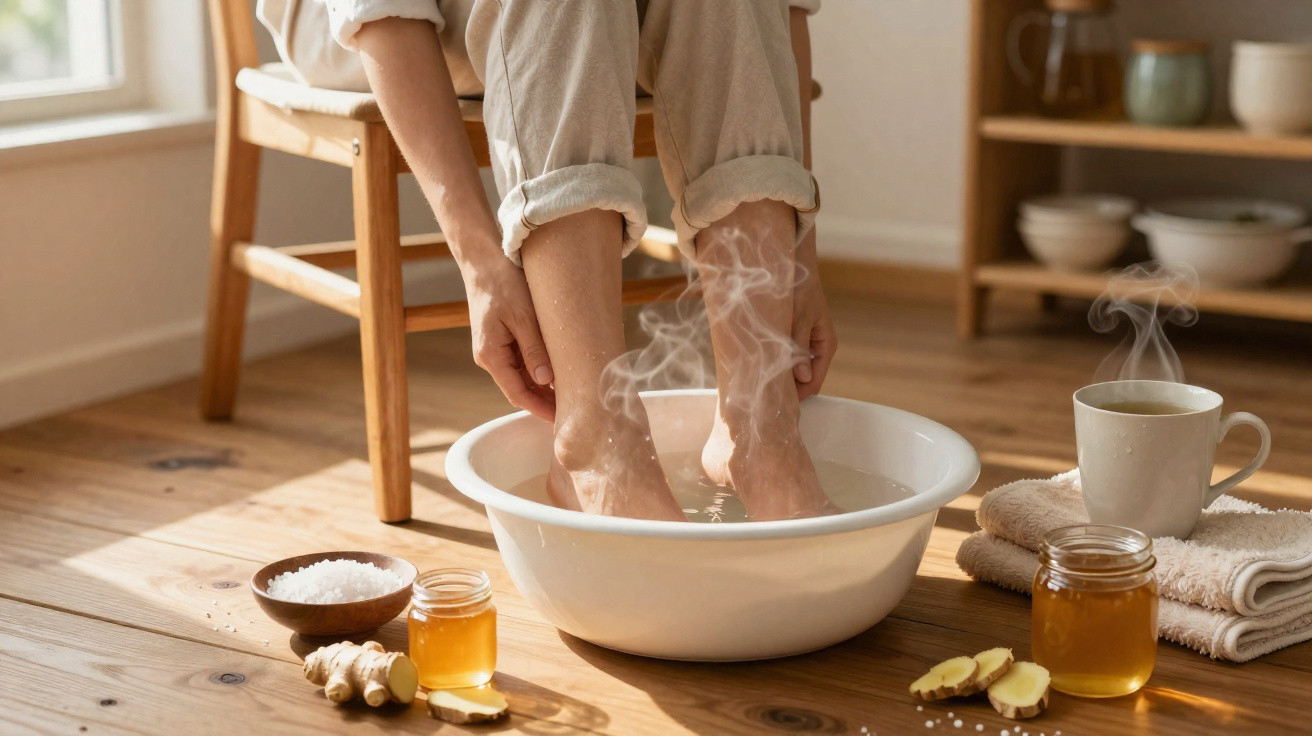 Pessoa a mergulhar os pés em água quente, com mel, gengibre e sal ao lado para um cuidado relaxante.