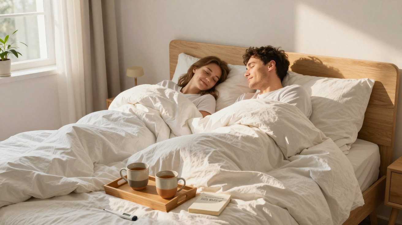Casal deitado na cama, coberto por edredões brancos, com bandeja de chá e livro à sua frente.