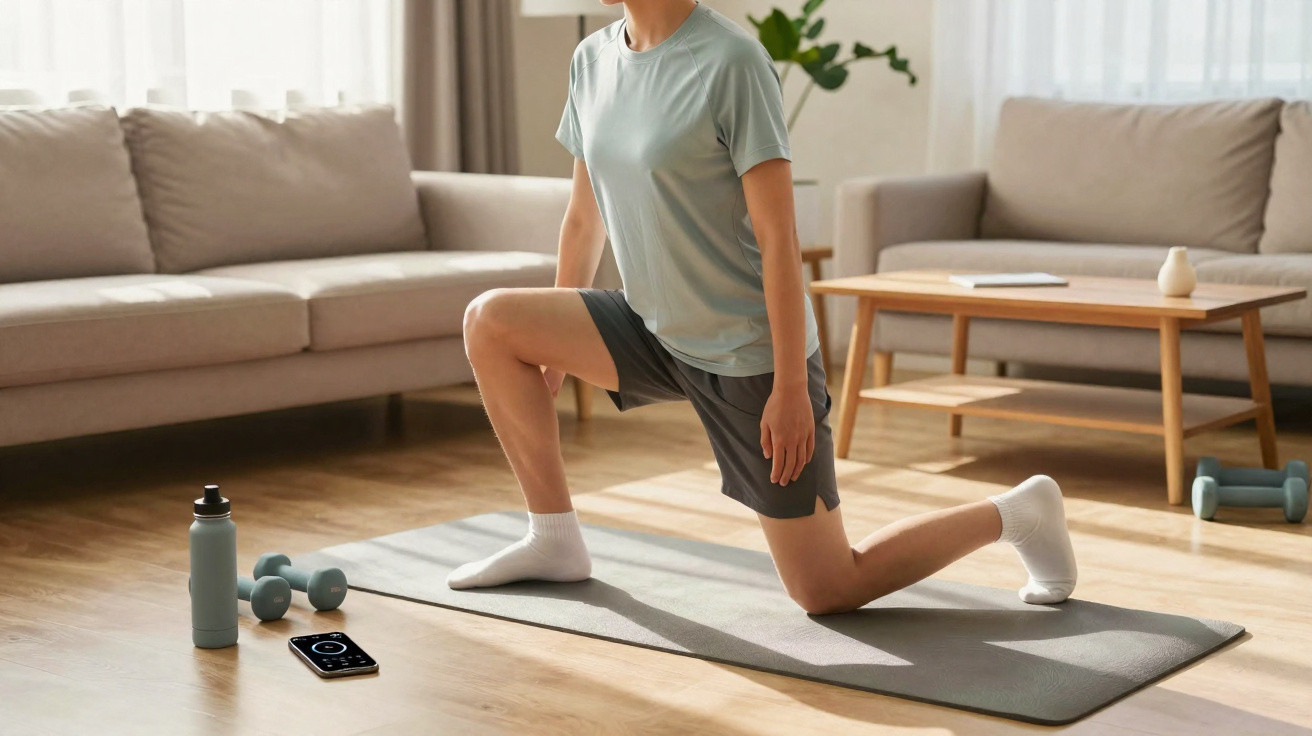 Pessoa a fazer alongamentos num tapete de exercício numa sala com sofá, garrafa e pesos ao lado.