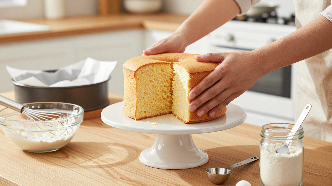 Pessoa a segurar um bolo esponjoso amarelo sobre suporte branco na cozinha com ingredientes e utensílios na bancada.