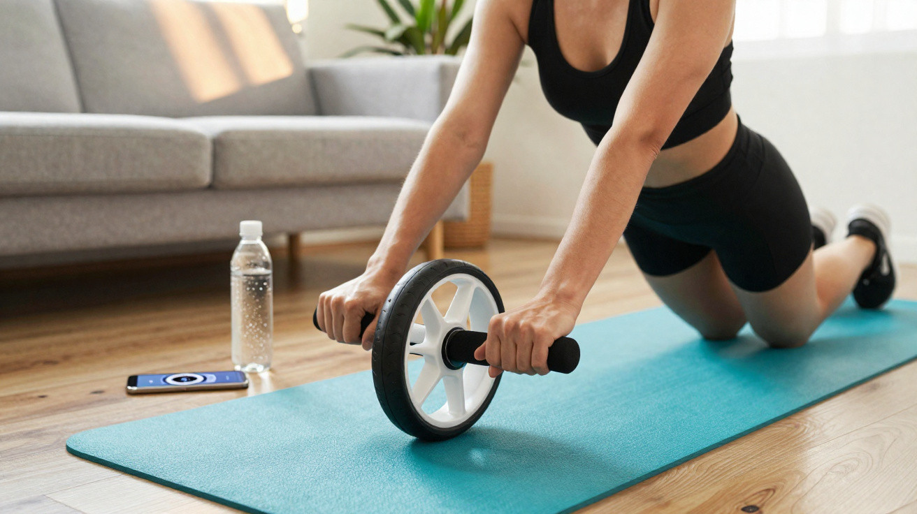 Pessoa a fazer exercício com roda de treino numa esteira azul numa sala iluminada.