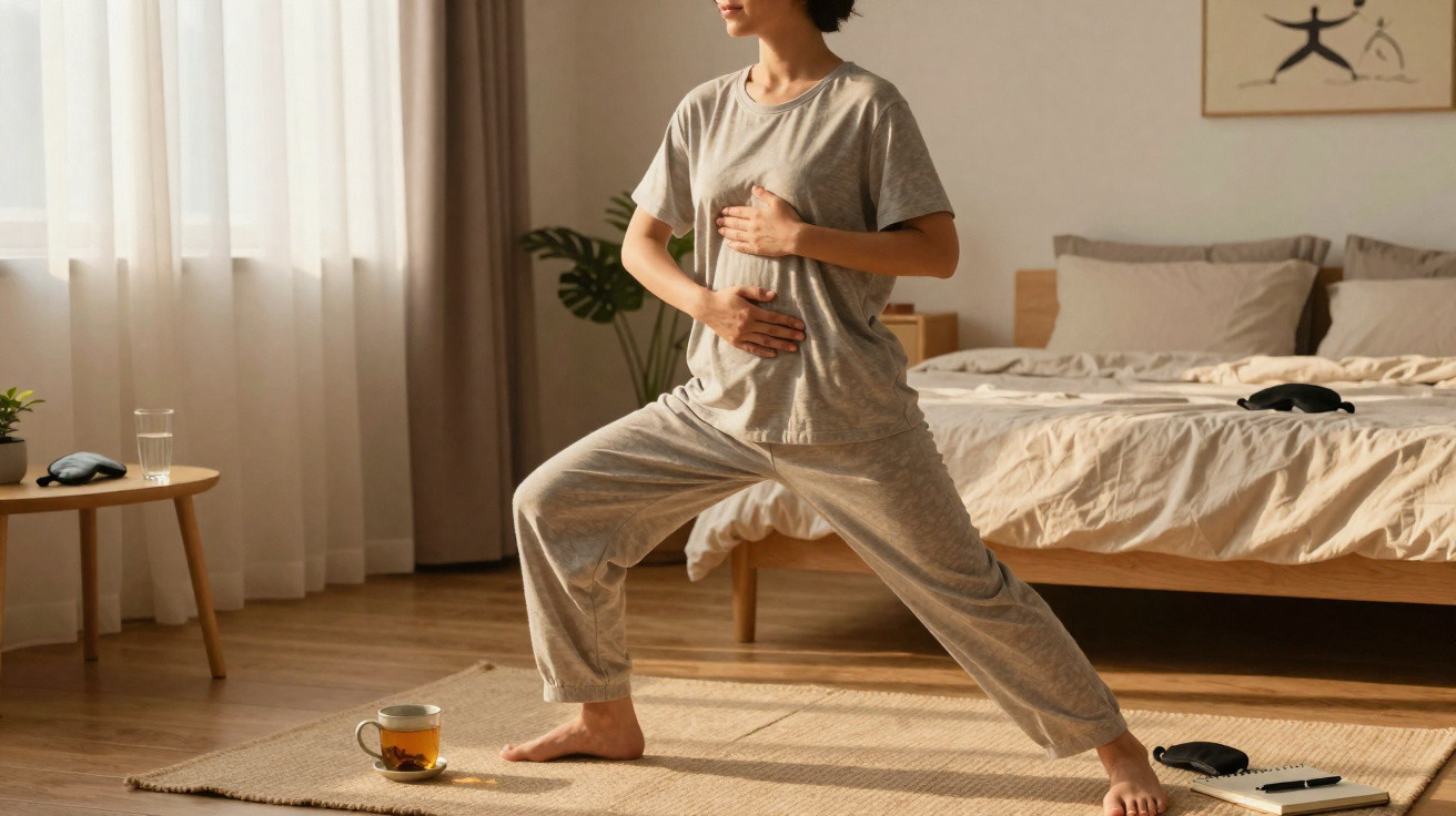 Pessoa em pijama cinzento faz alongamento de ioga no quarto junto à cama e janela com cortinas translúcidas.
