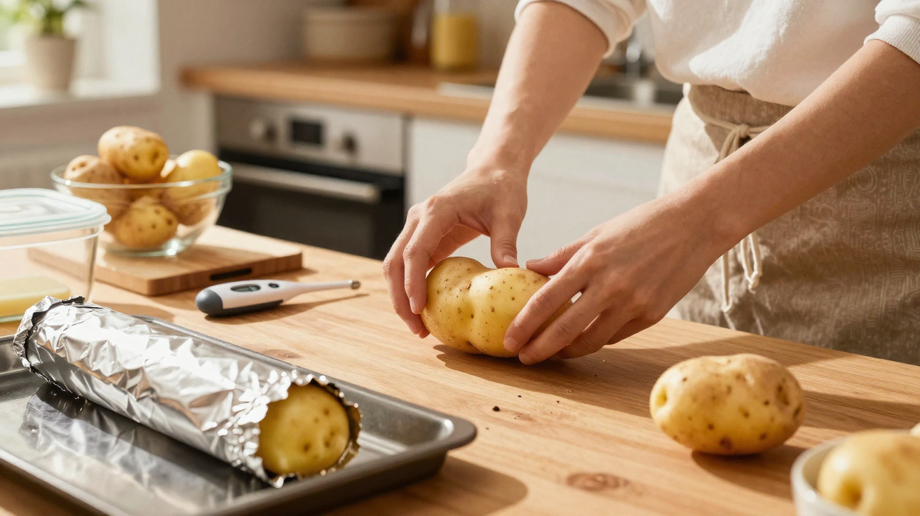 Pessoa a preparar batatas com um termómetro e uma batata embrulhada em alumínio numa cozinha.