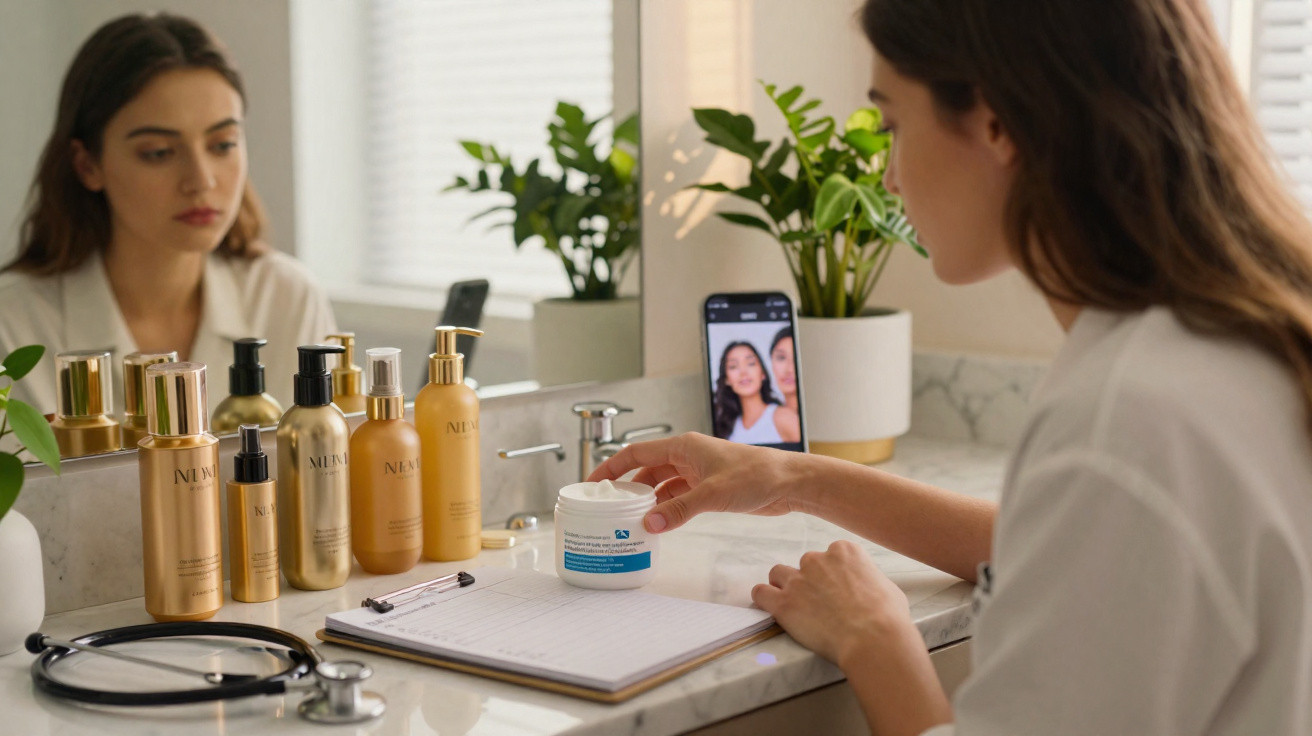 Mulher a analisar creme no lavatório com frascos de produtos e lista de cuidados pessoais à frente.