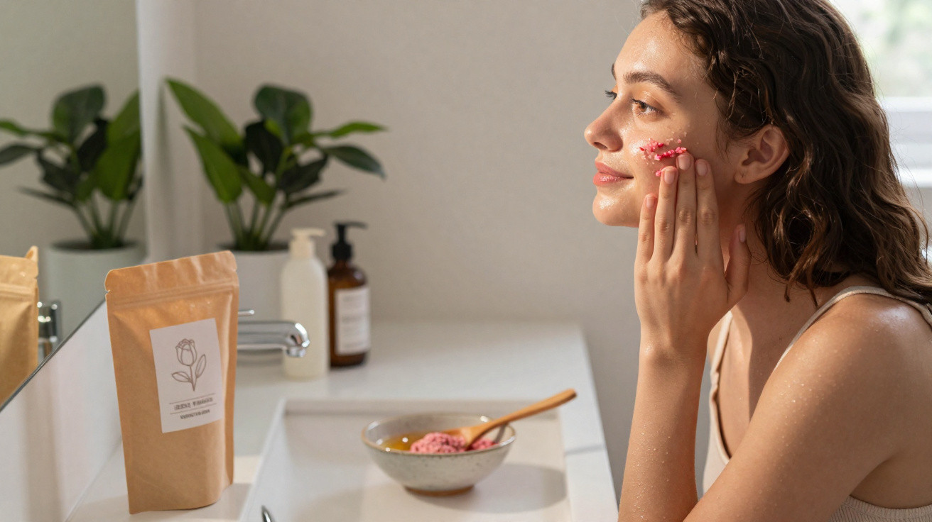 Mulher a aplicar esfoliante facial rosa num lavatório branco com plantas ao fundo.