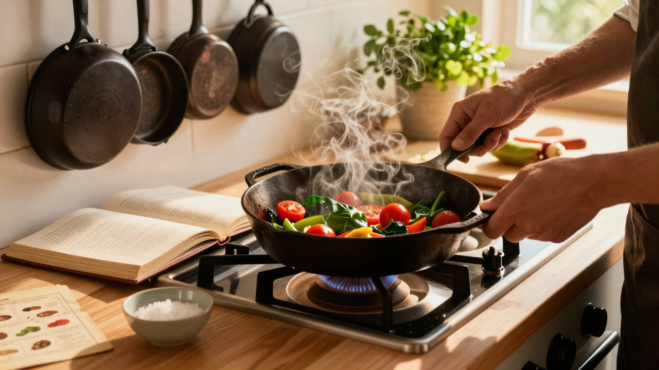 Pessoa a cozinhar legumes coloridos numa frigideira sobre um fogão a gás numa cozinha luminosa.