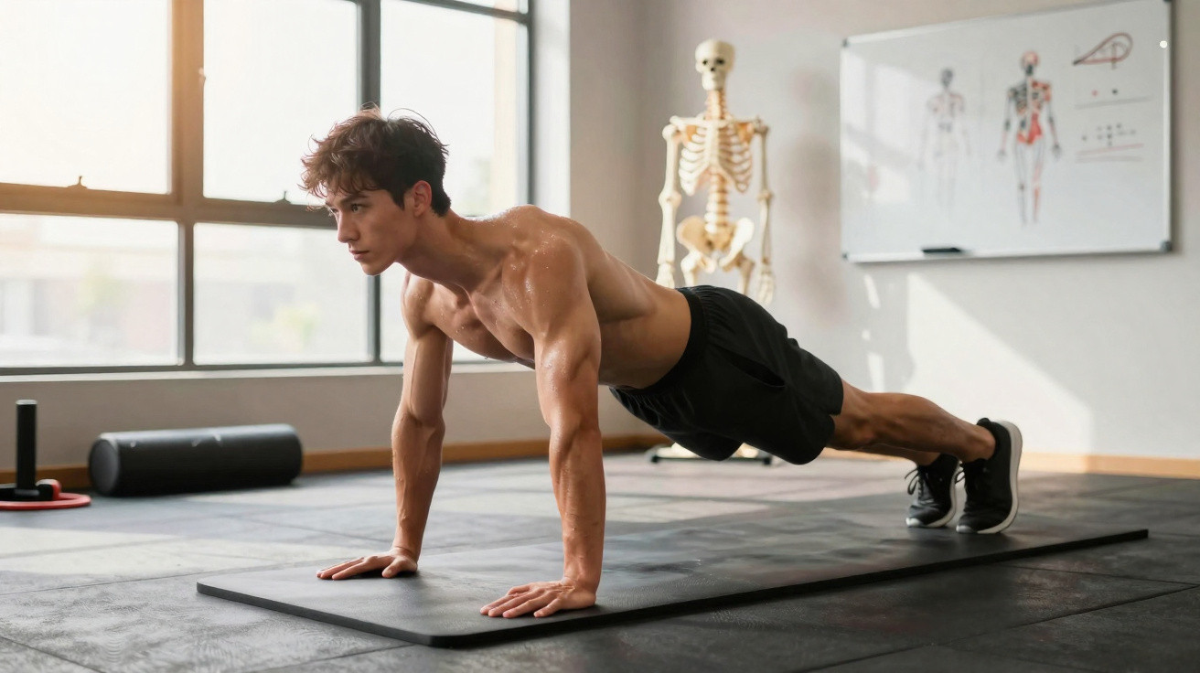Homem a fazer flexões num tapete de exercício numa sala com janela e modelo de esqueleto ao fundo.