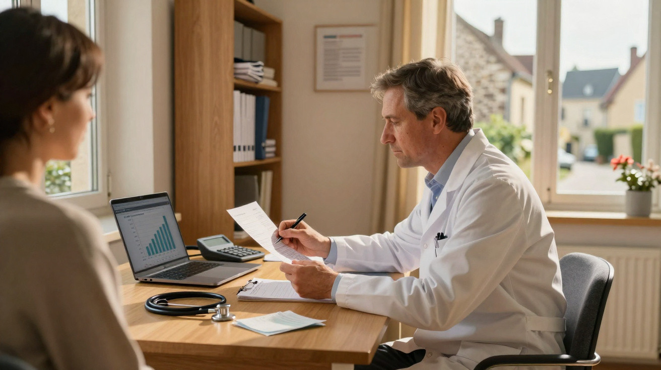 Médico a analisar documentos durante consulta com paciente num consultório bem iluminado.