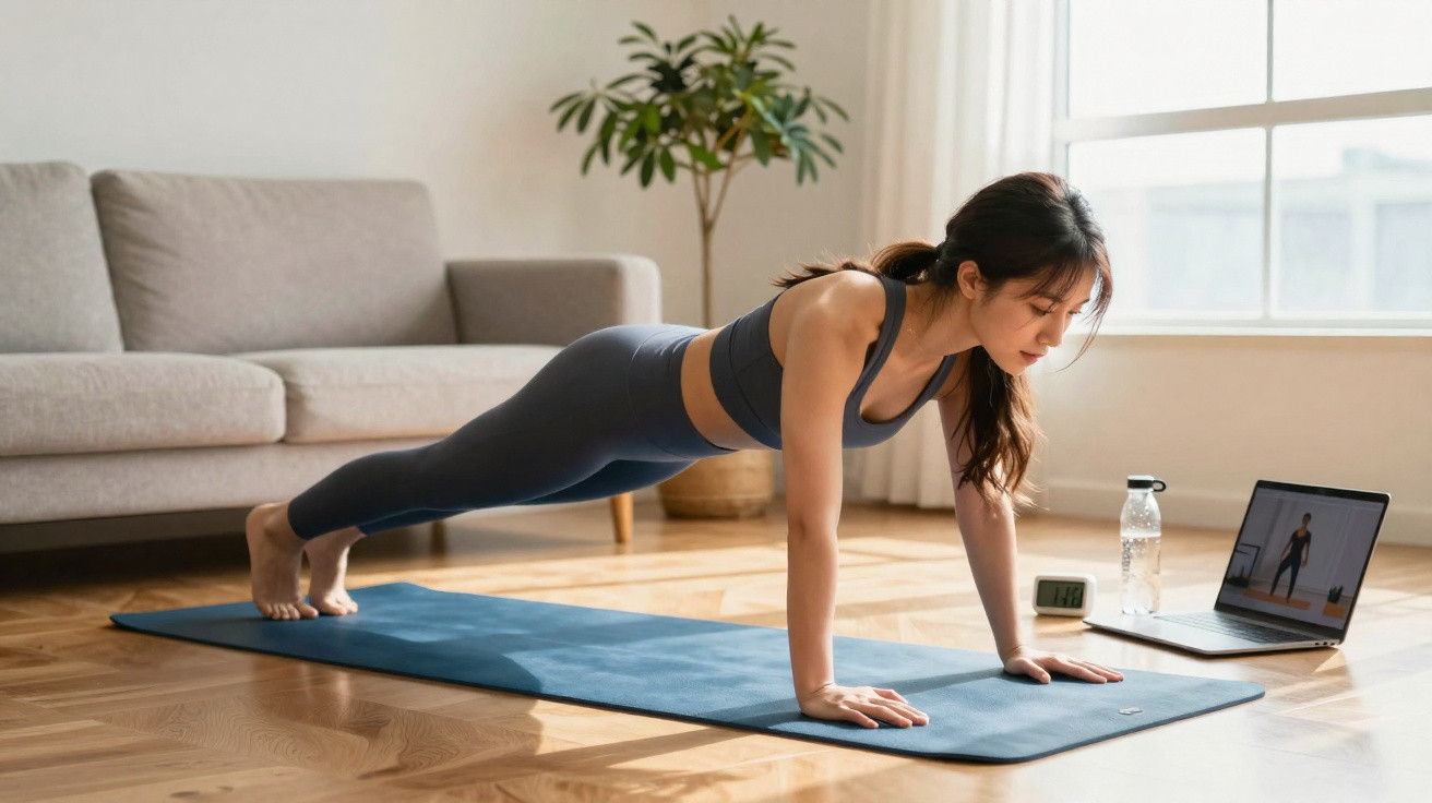 Mulher a fazer prancha no tapete de yoga em casa, seguindo aula online no computador portátil.