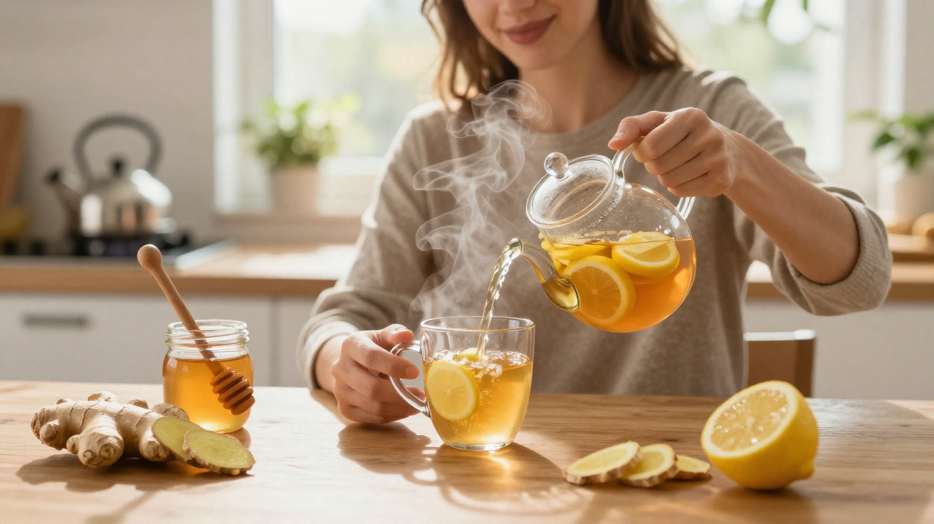 Mulher despeja chá quente com limão e gengibre numa chávena transparente numa cozinha iluminada.