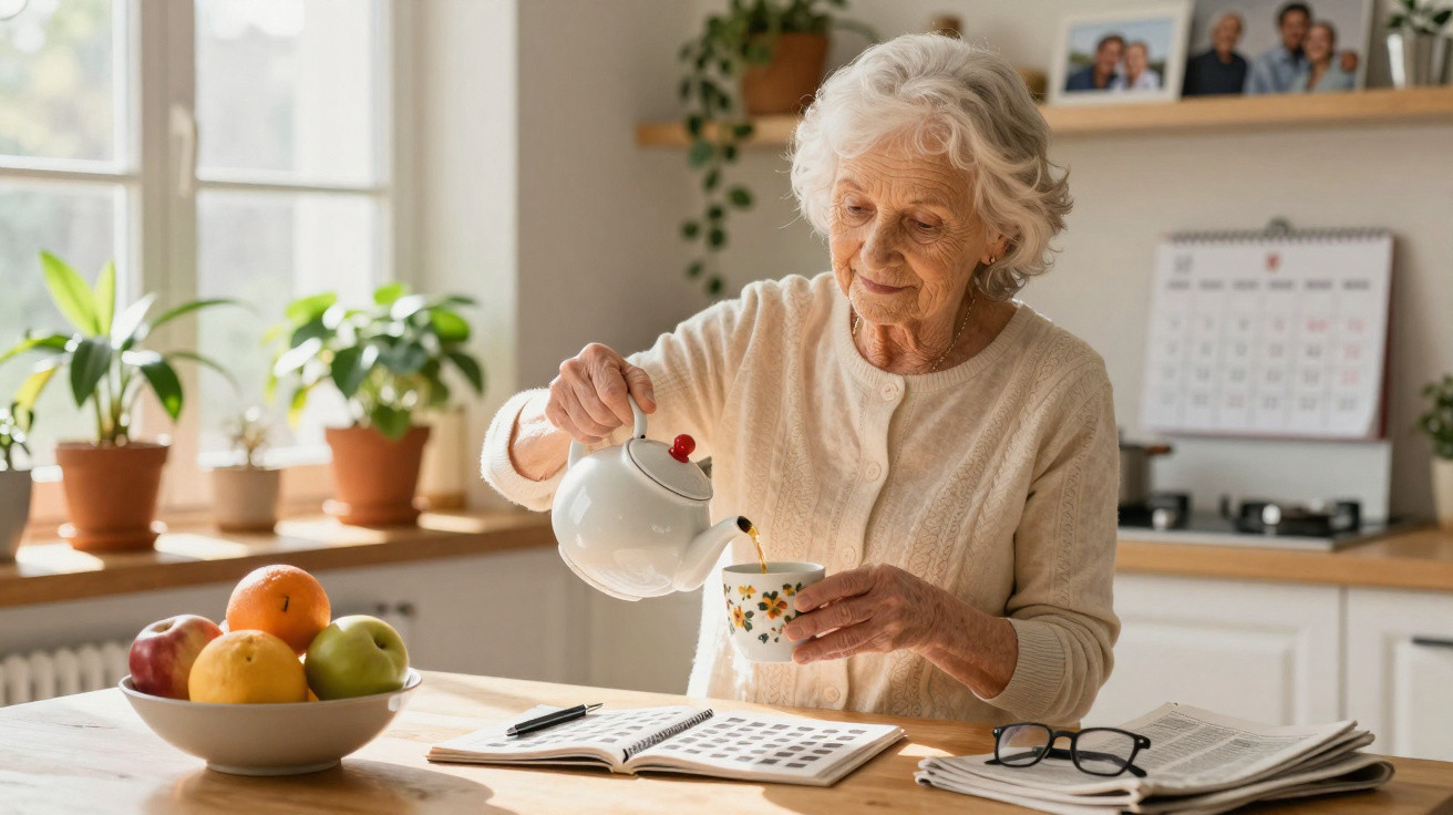 Idosa a servir chá numa chávena na cozinha, sentada à mesa com livro aberto e frutas.