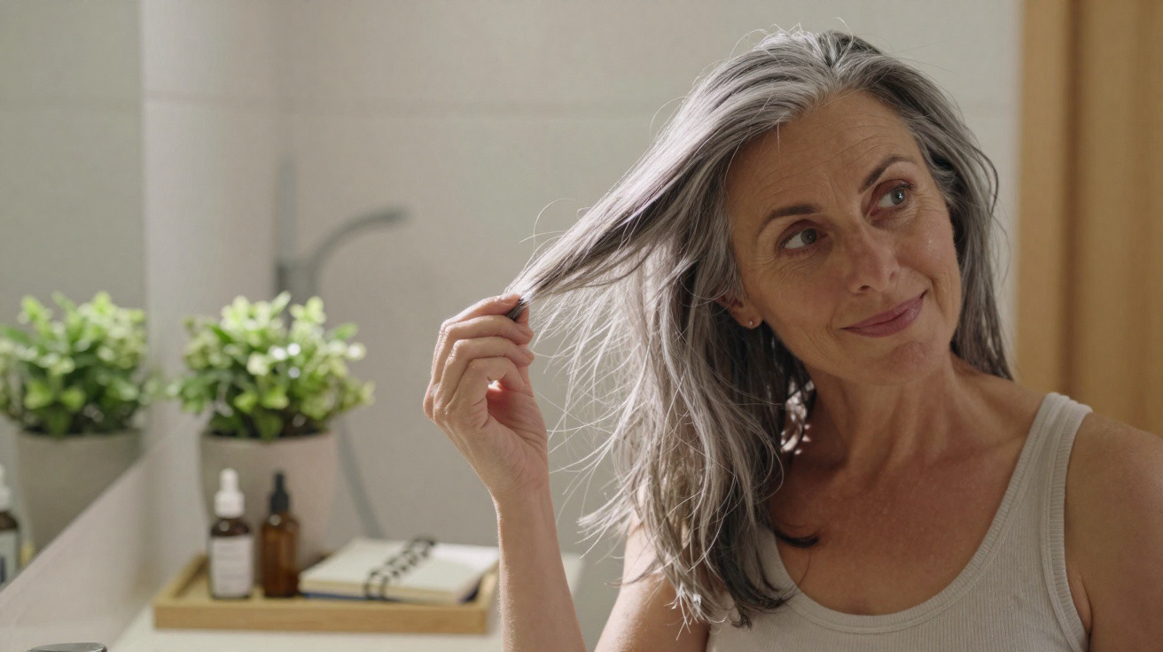 Mulher de cabelos grisalhos, em ambiente doméstico, a olhar para o lado enquanto toca no cabelo.