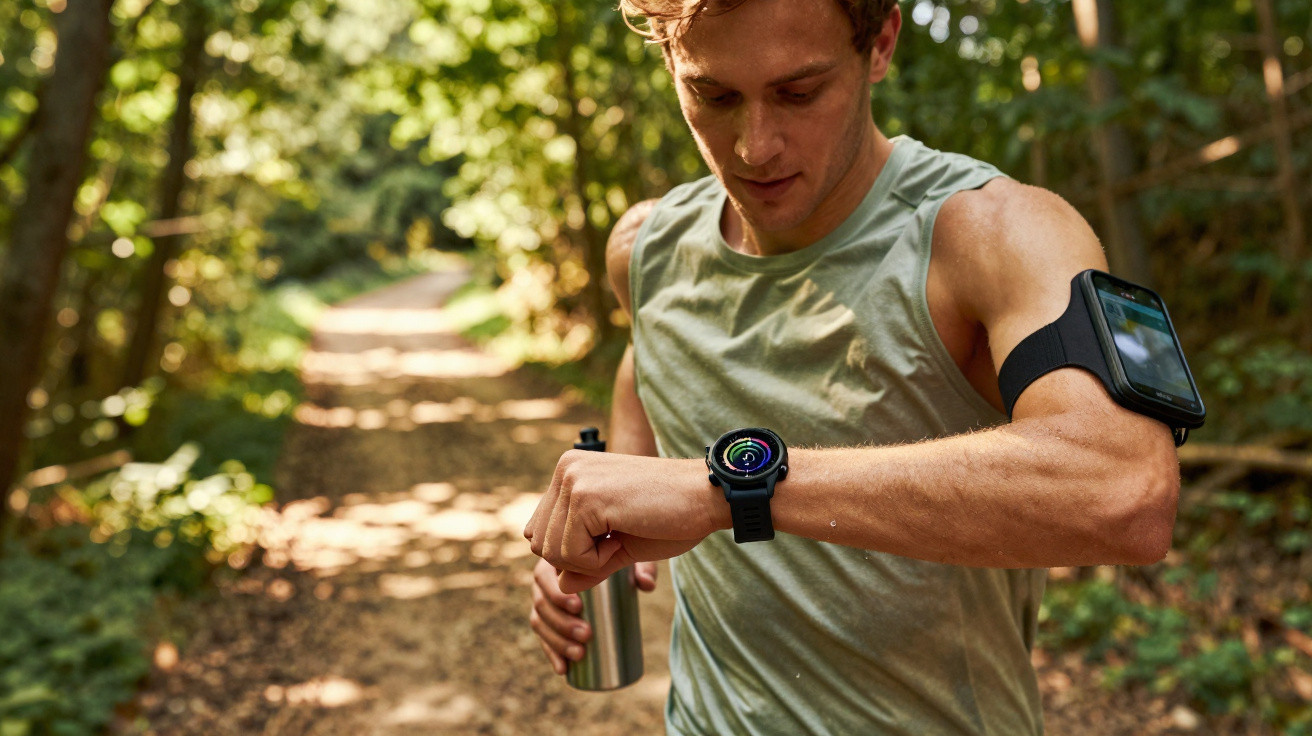 Homem a correr na floresta a olhar para o relógio desportivo enquanto segura uma garrafa metálica.